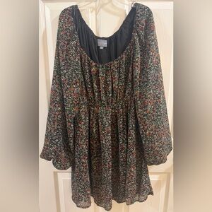 Elegant Black Floral Long Sleeve Mini Dress